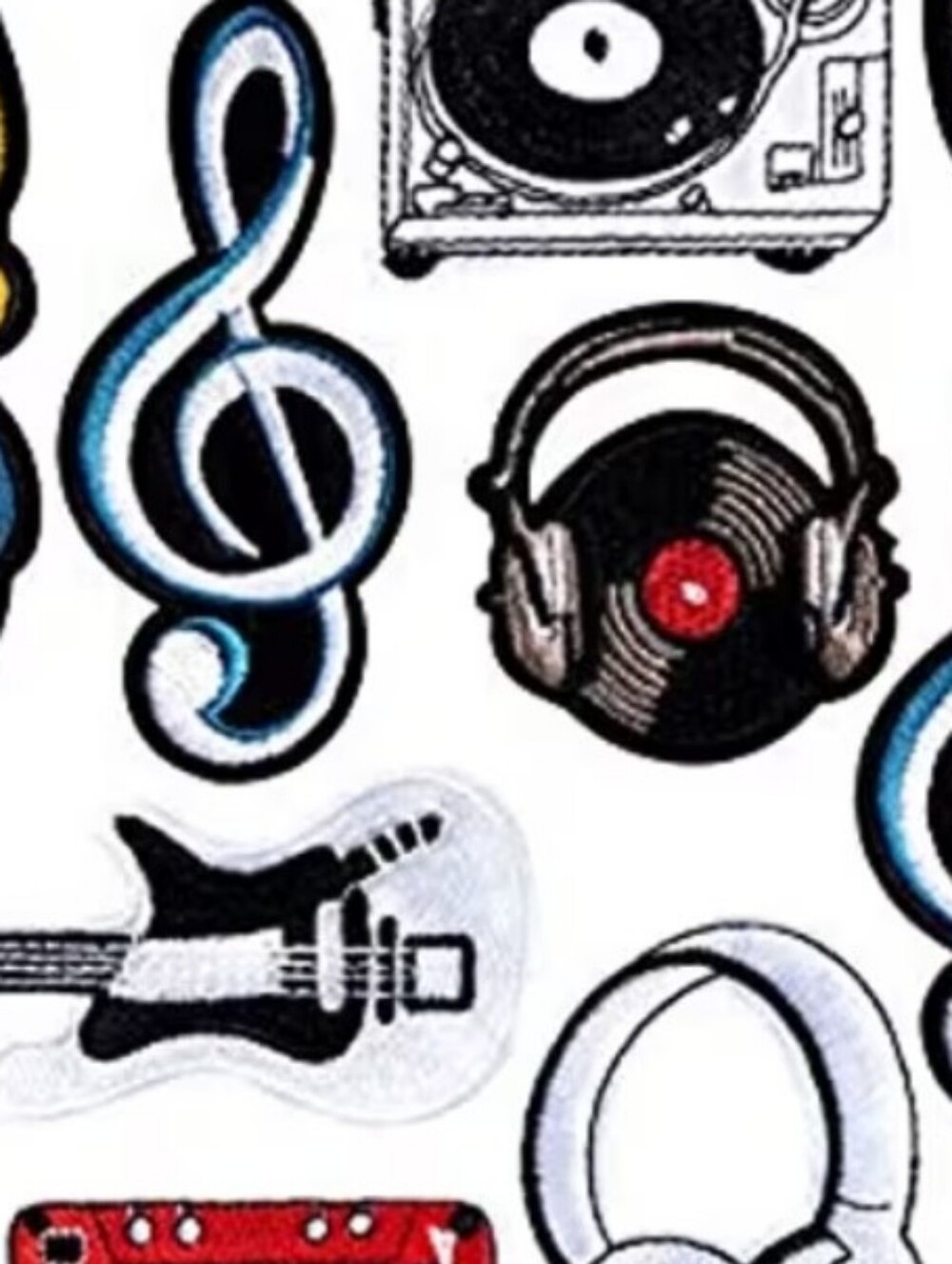 Music Theme Iron-On Patches - Headphones, Guitars & Records - assorted